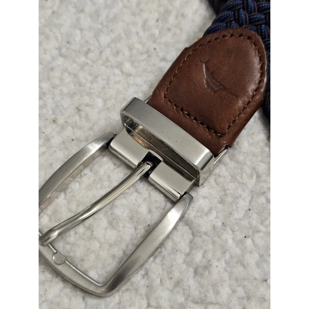 Nautica Mens Braided Stretch Belt‎ Navy Blue Brown Leather Trim L/XL 11TM030007